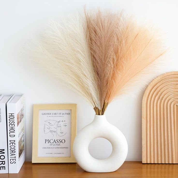 Image of CURATED CART Faux Pampas Grass Set of 3 Small Artificial Flowers for Home, Office, Bedroom, Living Room & Table Decor - 1 Each Beige, White, Brown, 41 cm, (Without Vase)