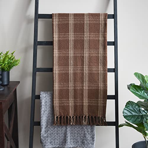 Image of Creative Co-Op Recycled Cotton Blend Throw Blanket with Fringe, Brown Plaid One Size (Pack of 4)