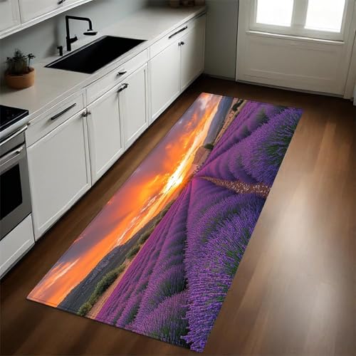 Violet Tapis de Cuisine Champs de Lavande Antidérapant 50 x 150 cm Absorbant Doux Devant Évier Tapis de Sol Lavable Salon Chambre
