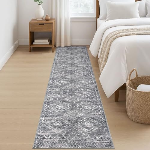 KILOCOCO Hallway Runner Rug 2'x8' Runners for Hallways Washable Runner Rug Non Slip Rubber Backed Low-Pile Runners for Bedroom Kitchen Living Room Laundry Room Boho Rugs, Grey