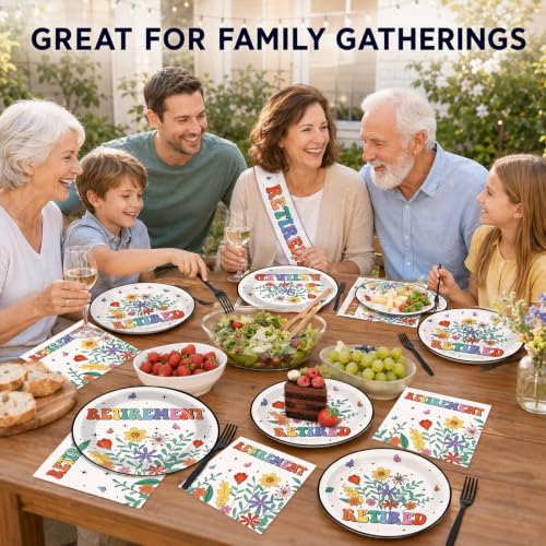 Image of 100 Pcs Flower Retirement Party Plates and Napkins Set Happy Retired Birthday Party Decorations Supplies Paper Dessert Tableware Vintage Farewell Themed Favors for Birthday Decorations Serves 25