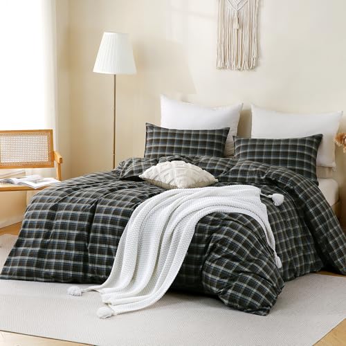 Image of TOCOMOA Buffalo Plaid Duvet Cover Set 100% Washed Cotton Like Linen Feel Super Soft Comfy 3 Piece Brown Blue Gingham Checkered Bedding Comforter Cover Set (Full 90 inchx90 inch, Comforter Not Included)