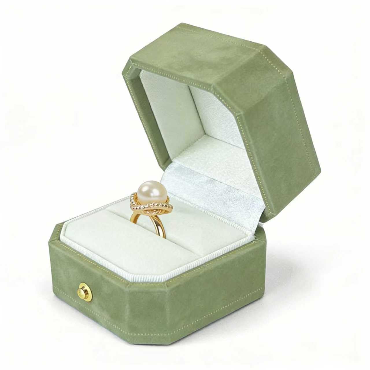 Photo 1 of WHSLILR Velvet Ring Box - Octagon Engagement Ring Box with Hinged Lid for Proposal Engagement Wedding, Proposal Ring Case Jewelry Box with Gold Lace PRB001-Green