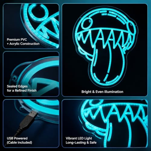 Image of Glitch Monster WAA Neon Sign, Ice Blue, LED 16 x 12.5 Inch | Tongue-Out Creature Wall Art, Digital Circus Style Character,, Bedroom Streamer Setup Decor