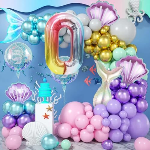 Image of Mermaid Birthday Decorations Mermaid Balloons - Number 0 Balloons for Girls Under The Sea Mermaid Theme Baby Shower Birthday Favors