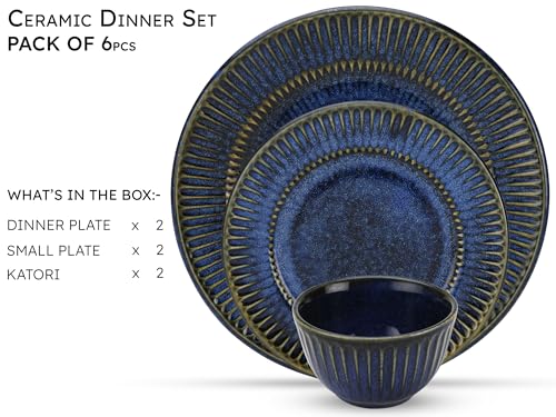 Image of Bodhi House Handcrafted Stoneware Reactive Glaze Ceramic Dinner Set, 6 Pieces Serving for 2, Microwave and Dishwasher Safe, Bone-ash Free, Crockery Set for Dining and Gifting, Indigo Blue