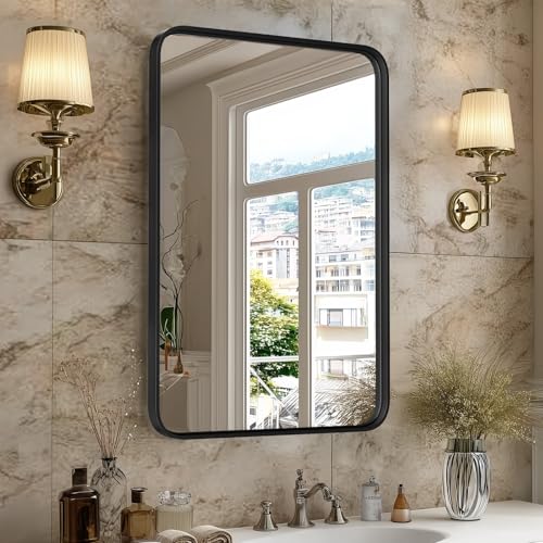Sweetcrispy Black Bathroom Vanity Mirror for Wall, 22.1×30.2 Inch Metal Framed Wall Mirror Farmhouse Rectangle, Anti-Rust, Tempered Glass, Hangs Horizontally or Verticall