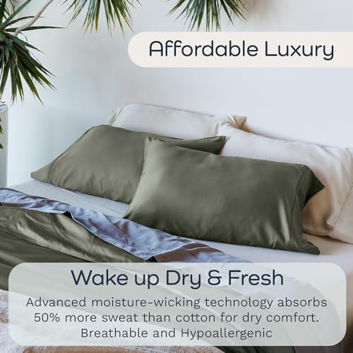 Image of Olive + Crate Tencel Lyocell Eucalyptus Twin Sheets Set - Extra Long Sheet Set - Cooling Tencel Sheets for Hot Sleepers with 16 Inch Deep Pocket Fit - Moss 3-Piece Set