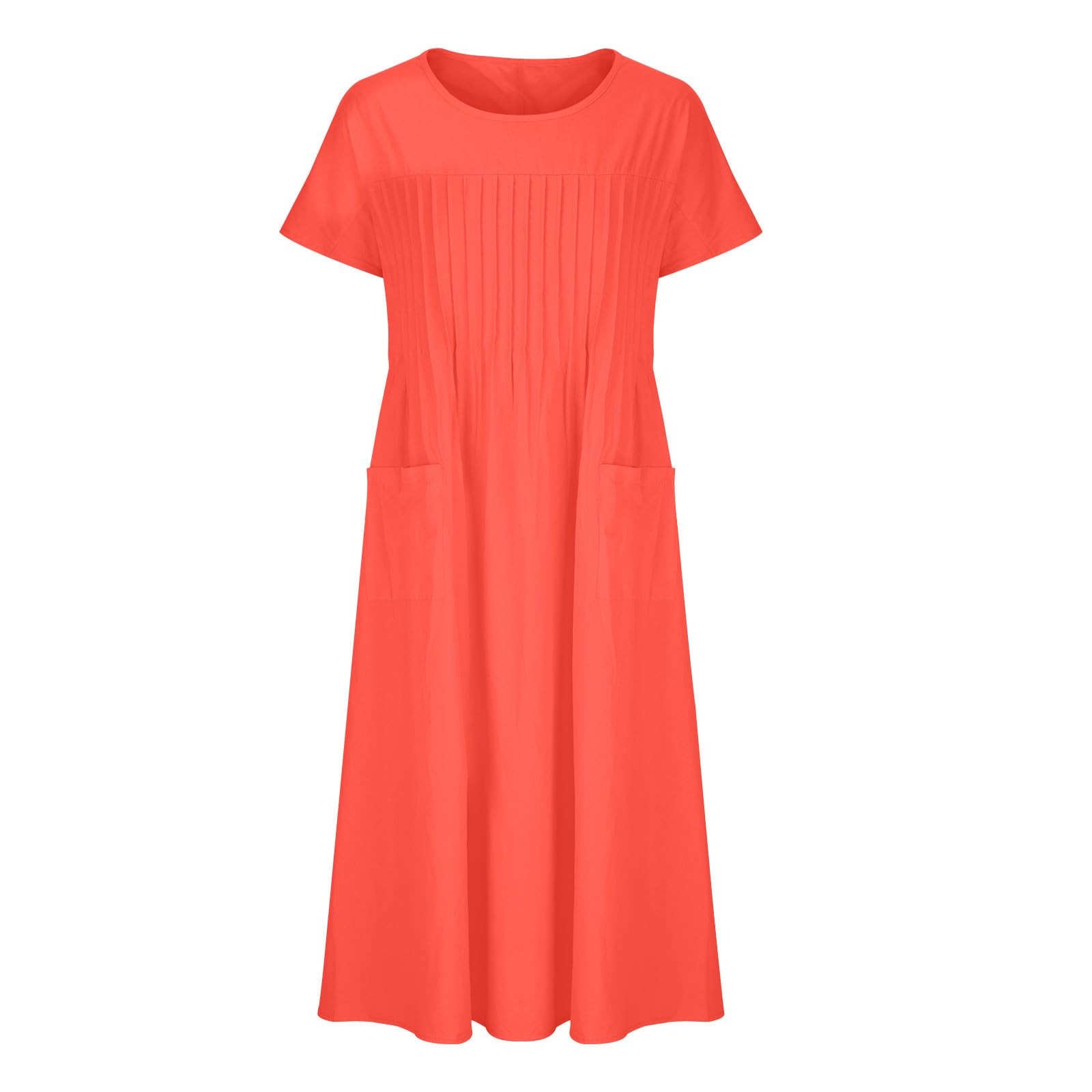 Generic Vestido de verano para mujer, de cuello redondo, plisado, con bolsillos, manga corta, de algodón y lino, vestido casual de talla grande, rosso, XXXXL