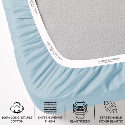 Image of Feather & Stitch 500 TC King Size 4pc Damask Bed Sheet Set, 100% Soft Cotton Breathable Bedsheets, 18 inch Deep Pockets Sateen Weave Solid Bedding Mattress Resort Hotel Luxury Decor - (Feather Blue)