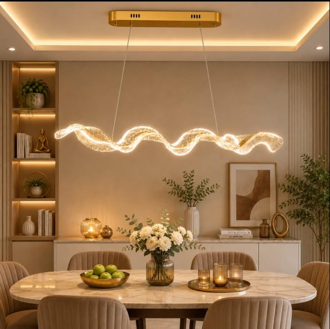 Modern Wave LED Chandelier Gold Linear Pendant Light | 3 Colour Temperature Modes, Acrylic Shade, Dining Room & Kitchen, Contemporary Design, Ceiling Hanging Fixture-image-36