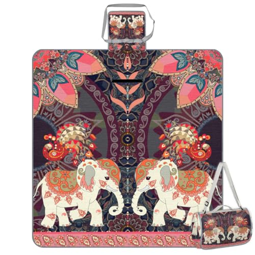 Shimoshe Picnic Blankets 57”x 59”, Peacock Sun Mandala Elephant Waterproof Sandproof Picnic Mat Lightweight Foldable Beach Blanket for Camping Park Grass Beach Outdoor Blanket