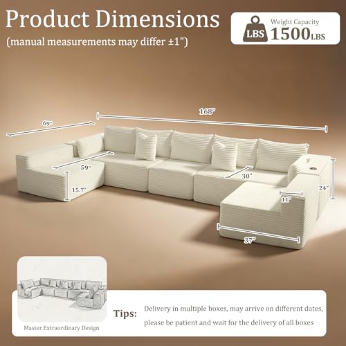 Image of 168 inch Cloud Sectional Couch, Comfort U Shaped Sofa for Living Room, Extra Deep Seats No Assembly, Minimalist Modular Couch, Corduroy (Cream, 7 Seats,U-Shape B)