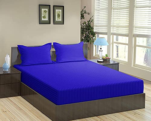 Image of Trance Home Linen 200 TC Pure Cotton Bedsheet Set of 4pcs-(1 King Size Fitted Sheet + 1 King Size Flat Sheet and 2 Pillow Covers,Ink Blue)