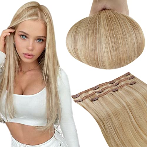 RUNATURE Clip in Extensions Echthaar Blond Extensions Clip in Echthaar 45cm Goldblond mit Hellblond Echthaar Extensions Clip in Glatt Haar 18 Zoll 50g #16P24 Cover