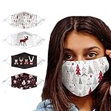 Knacky Reusable Unisex Deer Face Mask with Adjustable Ear Loops Cotton Washable Christmas Face Cover 4 Piece Set in a Bag Xmas Face Protector 3D Cloth Mouth Mask Protective Guard for Men Women