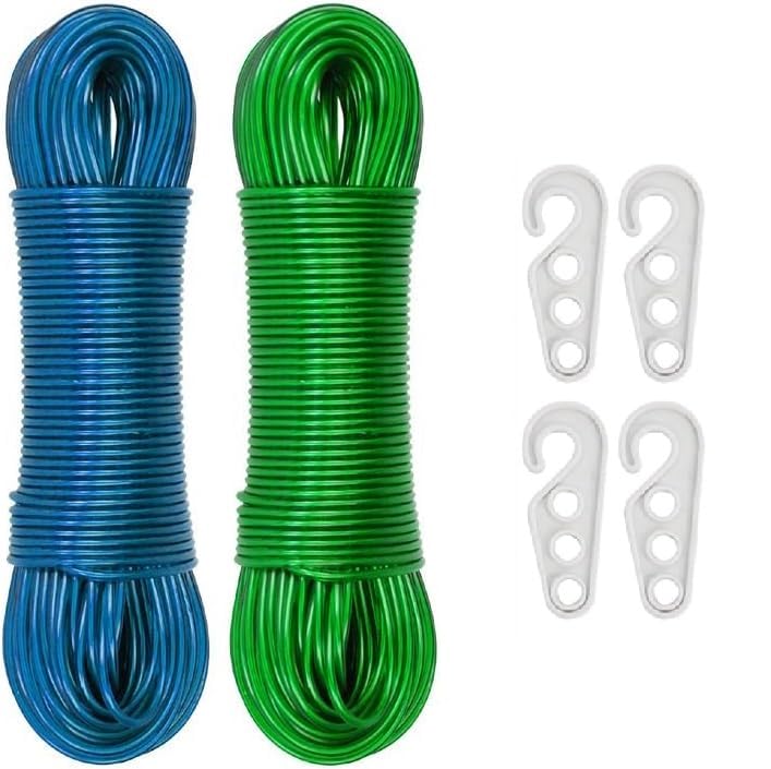Image of 20 Meters Strong Steel Core Clothes Line with 4 Pcs Plastic Hooks, PVC Coated, Weather & Rust Resistant, Easy to Use, Indoor, Outdoor, Garden, Laundry Rooms & Camping (Multicolor) Pack of (2)