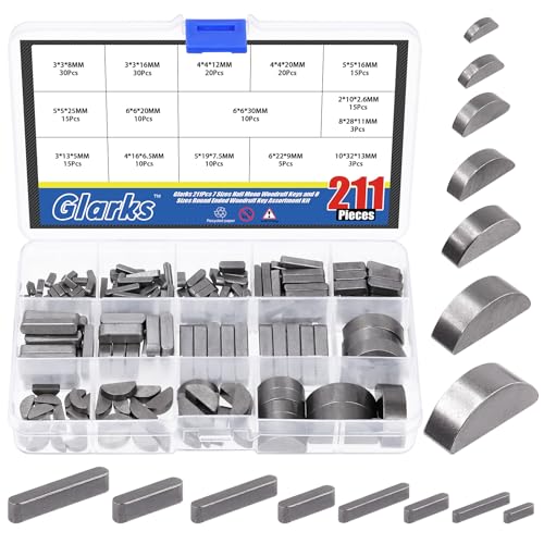 Glarks 211Pcs Woodruff Key with Round Ended Feather Key Assortment