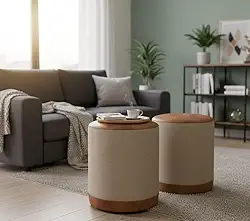 Kit Puff Banqueta Redondo Linho Com Couro 42x34x34 Oreon Luxo Decorativo Retro Vintage Casa Jd Móveis (BEGE COURO MARROM)