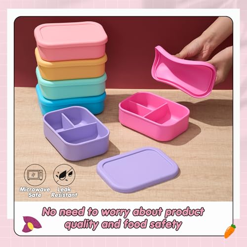 Image of Layhit 6 Pcs Silicone Bento Box for Adults, 27 oz Bento Lunch Container Reusable Food Container for Women Men, Leak Proof Microwave Dishwasher Freezer Safe (3 Compartments,Fluorescent Multicolor)