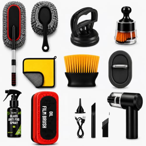 Image of 10 PCS Car Cleaning Kit for Interior & Exterior, Car Detailing Tools with Microfiber Duster, Cleaning Brushes, Oil Film Brush, Glass Anti-Fog Spray, Suction Cup Dent Puller & Mini Air Duster