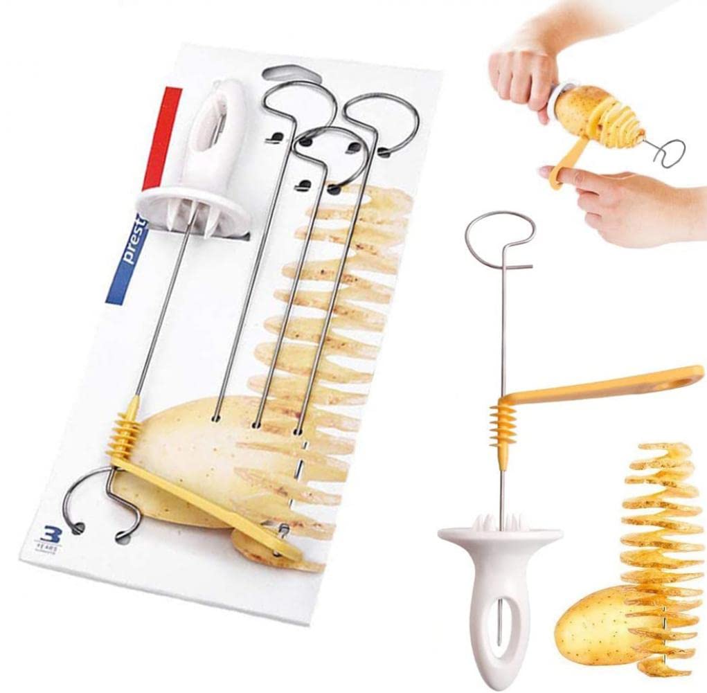 Goodern 1 Set Tornado Spiral Potato Cutter Manual Slicer,Potato Slicer with 4 Stainless Steel Sticks,Fry Vegetable Spiralizer Chips Maker Twisted Potato Slicer,Potato Tornado Chips Making Tools