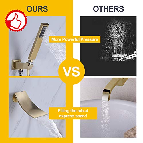 Deoler Wall Mount Bathtub Faucet With Handheld Shower, Brushed Gold Tub Filler With Hand Shower Widespread Waterfall Bathtub Faucet For Bathroom, Solid Brass Tub Faucet #TOP3