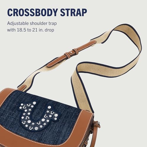 True Religion Studded Logo Flap Bag, Rhinestone Horseshoe Canvas Strap Shoulder Handbag, Denim4