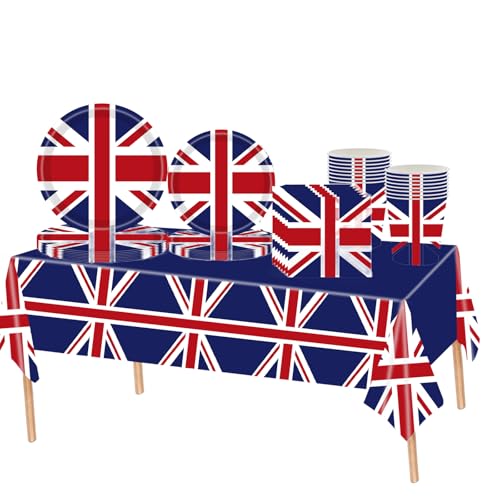 69Pcs Union Jack Party Tableware Set VJ Day 80th Anniversary Decorations UK Plastic Table Cloth Paper Plates Napkins and Cups British Decorations Great Britain Dinnerware for Union Jack Royal Party