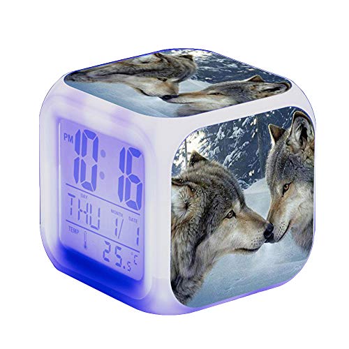Nicole Knupfer Wolf Réveil LED pour Enfant - Réveil de Chevet carré - Affichage LCD éclairé - Cadeau - Motif Loup (#14)