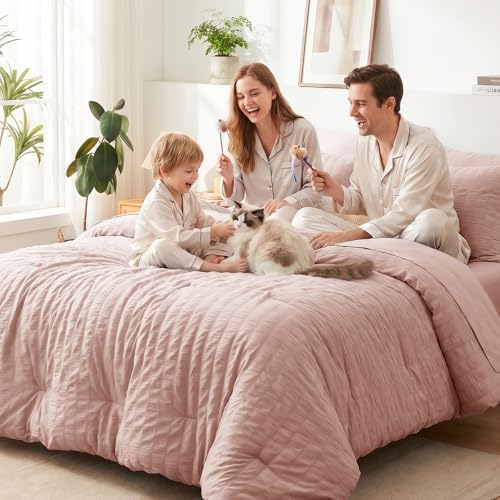 Image of CozyLux King Size Comforter Set Rose Gold, 7 Pieces Seersucker Textured Luxury Bed in a Bag Dusty Pink, All-Season Soft Bedding Sets with Down Alternative Comforter, Sheets, Pillowcases & Shams