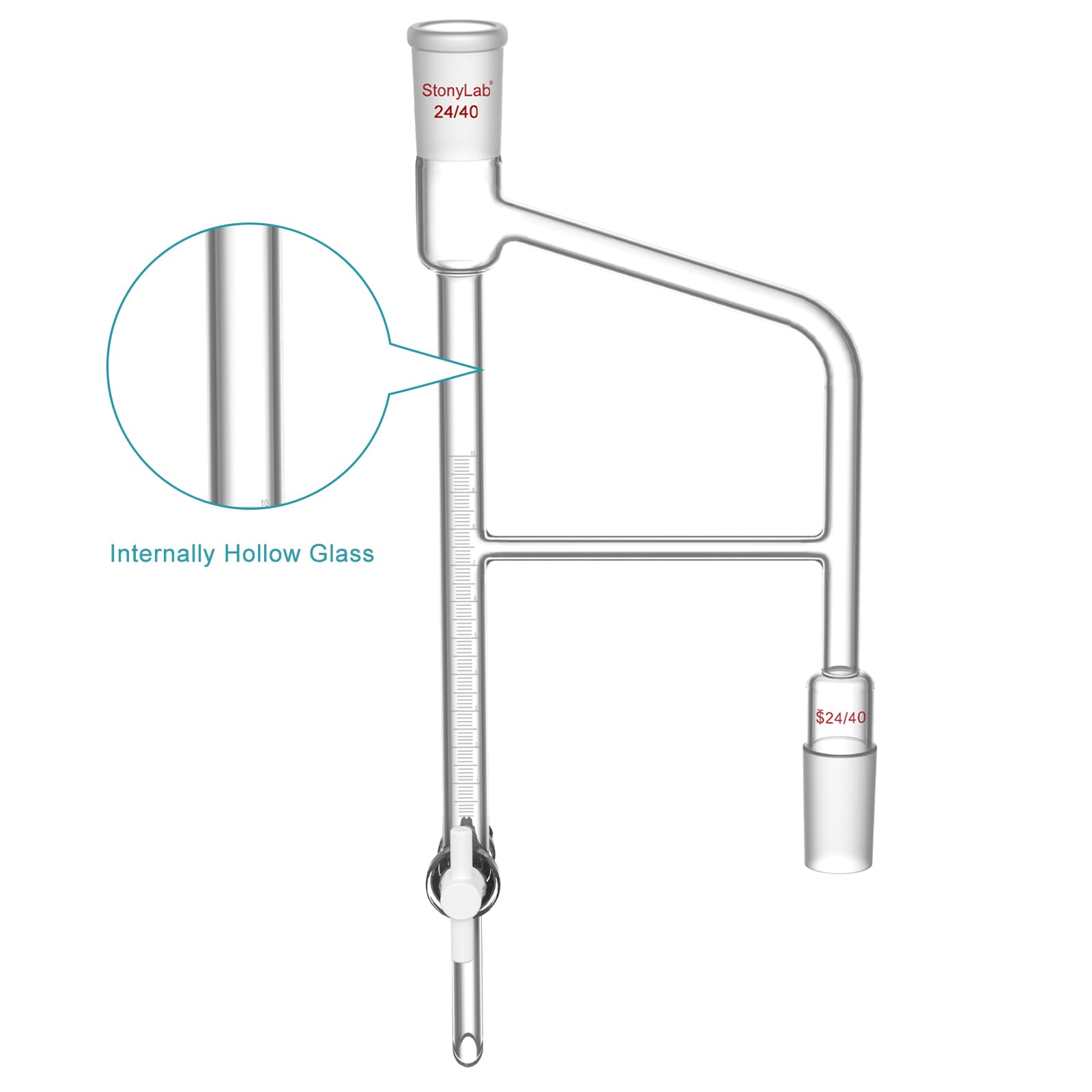stonylab Trappola Dean Stark, Ricevitore di Distillazione in Vetro Borosilicato Graduato con Giunti 24/40 e Rubinetto in PTFE per Laboratorio, 10 ml