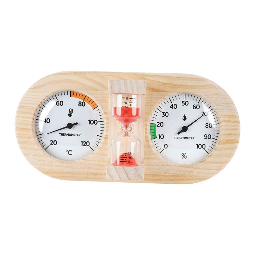 Termómetro higrómetro para sauna, con temporizador, marco de madera, indicador de temperatura, medidor de humedad, reloj de arena para sauna, hotel, dormitorio, invernadero (rojo)