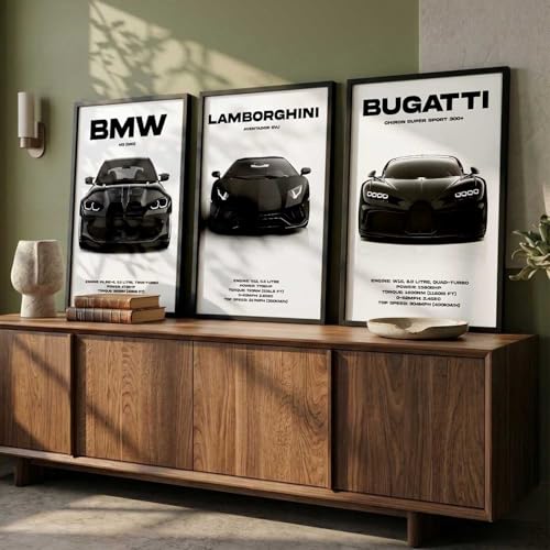 Image of walllane Big BMW M3, Lamborghini Aventador, Bugatti Chiron Cars Framed Posters Gift Items for Boys Room Wall Decoration | Car Poster Frame for Wall Decor Set Of 3 Size (13x17 inch), Framed