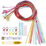 Aeelike 12 Stück Tunesische Häkelnadel mit Seil, 3,5-12 mm Bunt Kunststoff Tunesisch Häkelnadeln Set mit Strickzubehör, 120cm Tunesisch Häkelnadeln für Decken, Teppich, Pullover Große Strickprojekte