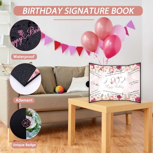 Image of Vlipoeasn 90th Birthday Guest Book Alternative, Black and Pink 90th Birthday Party Decorations for Women, Creative Flower 90th Birthday Signature Book, Cheers to 90 Year Old Birthday Party Supplies