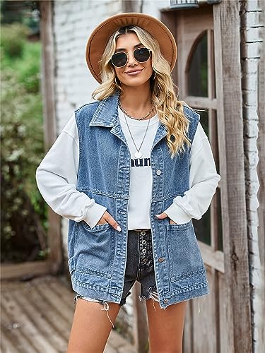 Image of PAODIKUAI Women's Oversized Denim Vest - Sleeveless Distressed Jean Vest with Pockets for Casual Layering