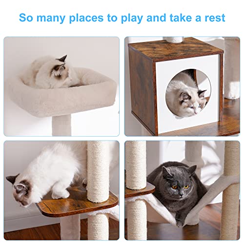 Image of Hey-brother Wooden Cat Tree, 66.1 inch Cat Furniture with Scratching Posts, Modern Cat Tower with hammocks, Toys, cat condo, Rustic Brown MPJ120SR
