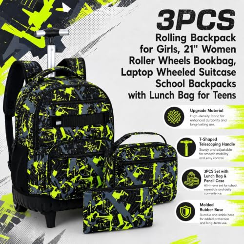 Image of 3Pcs Rolling Backpack for Boys Men, Travel Roller Backpacks with Wheels for Adults, Teens College Graffiti Wheeled Bookbag with Lunch Box(Green)
