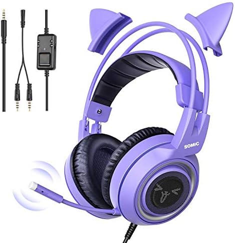 SOMIC G951S Purple Gaming Headset for PS4 PS5, Removable Cat Ear Headphone with Controller box Mic for Xbox one, Switch, iPhone, iPad - 3.5mm Jack