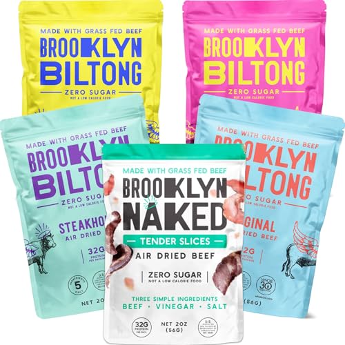 Brooklyn Biltong Beef Jerky Snack (2 oz, Pack of 5) - Grass Fed, Whole30, Zero Sugar, Paleo Friendly with No Artificial Ingredients, 32g of Protein per package, No Sugar Everyday Snack