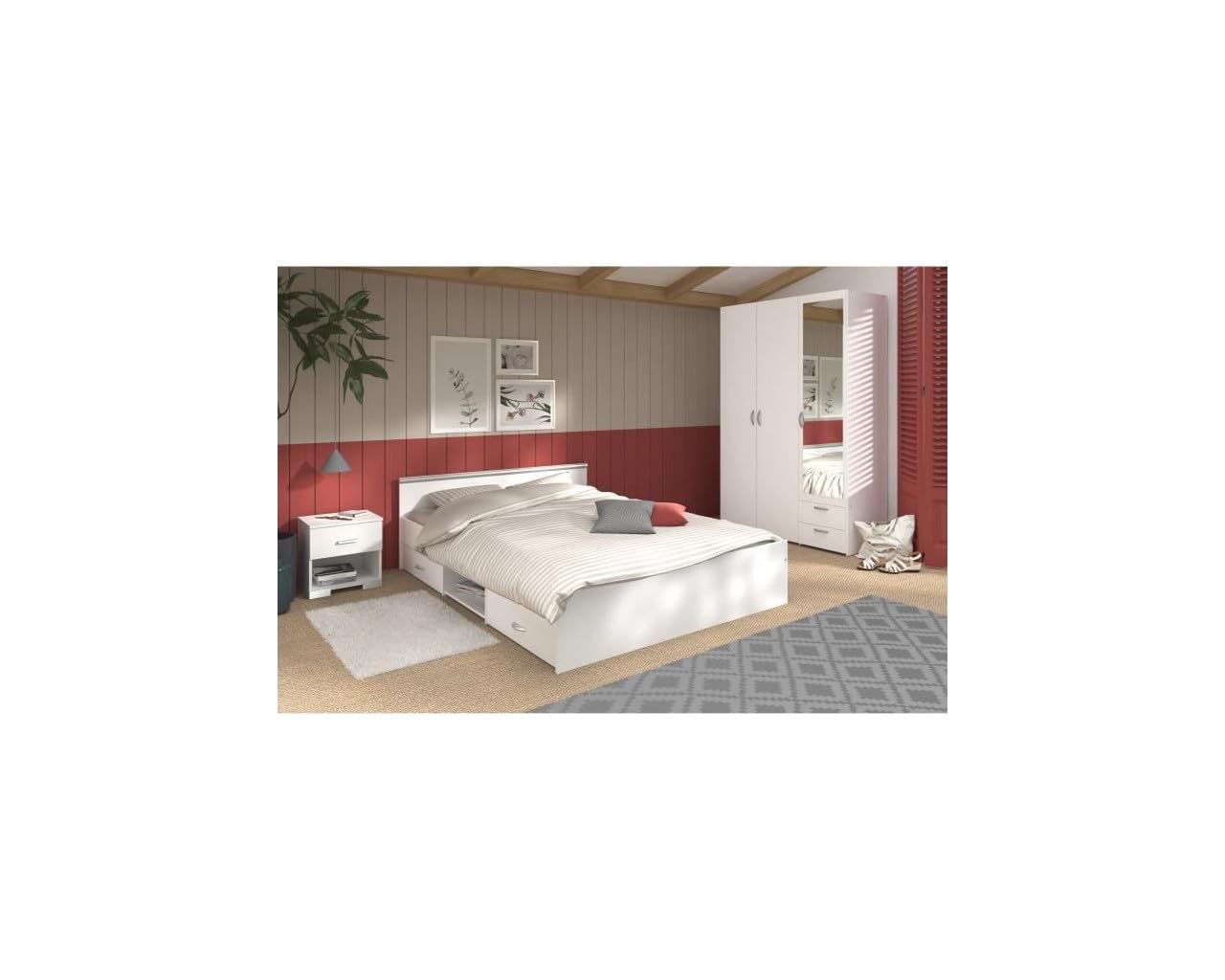Chambre complete adulte: Lit 160 x 200 cm + armoire 3 portes et 2 tiroirs + 2 chevets - Décor Blanc - PARISOT