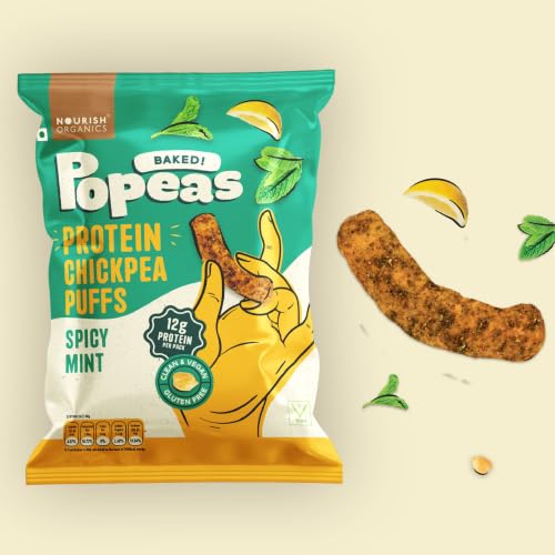 Image of Nourish Organics Spicy Mint Protein Puffs | 12g Plant Protein per Pack | Baked, Not Fried | Made with Chickpea, Brown Rice & Maize | No Maida, No Palm Oil | Gluten-Free Crunchy Snack with Pudina Masala Twist | 60g (Pack of 4)