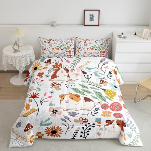 Erosebridal Cute Guinea Pig Comforter Set Mushroom Floral Twin Bedding Sets for Boys,Cartoon Animal Quilt Watercolor Flowers Leaves Toddler Duvet Insert for Girls Kids Children,Kawaii Room D