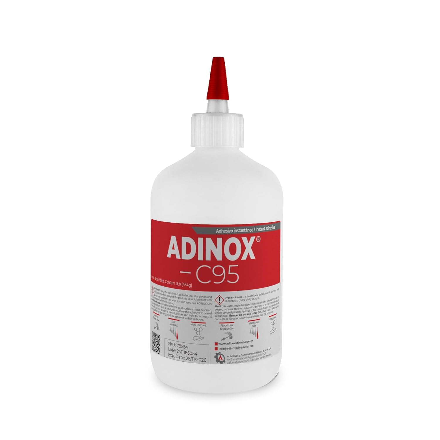 ADINOX® C95 Instant Adhesive for Plastics and Elastomers, Medium Viscosity, 454 g, Transparent