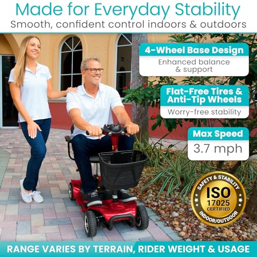 Vive 4 Wheel Mobility Scooter - Electric Powered Wheelchair Device - Compact Heavy Duty Mobile for Travel, Adults, Elderly - Long Range Power Extended Battery with Charger & Basket
