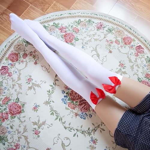 Jiamaohua 1 Pair White Thigh High Socks with Bows White Stockings Knee High Socks with Red Bow Opaque Bow Lace Over The Knee Long Stockings for Women Halloween Fancy Dress Xmas Valentine's Day Favors - Image 3