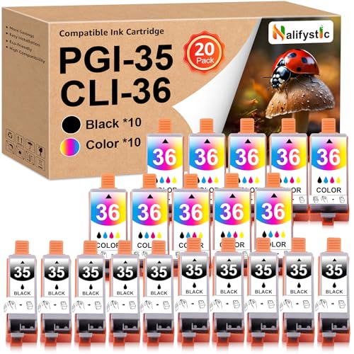 Nalifystic PGI-35 CLI-36 - Cartucho de tinta de repuesto para TR150 compatible con cartuchos de tinta 35 36, funciona con impresora TR150 iP110 iP100 Mini260 Mini320 (10 negros, 10 tricolores)