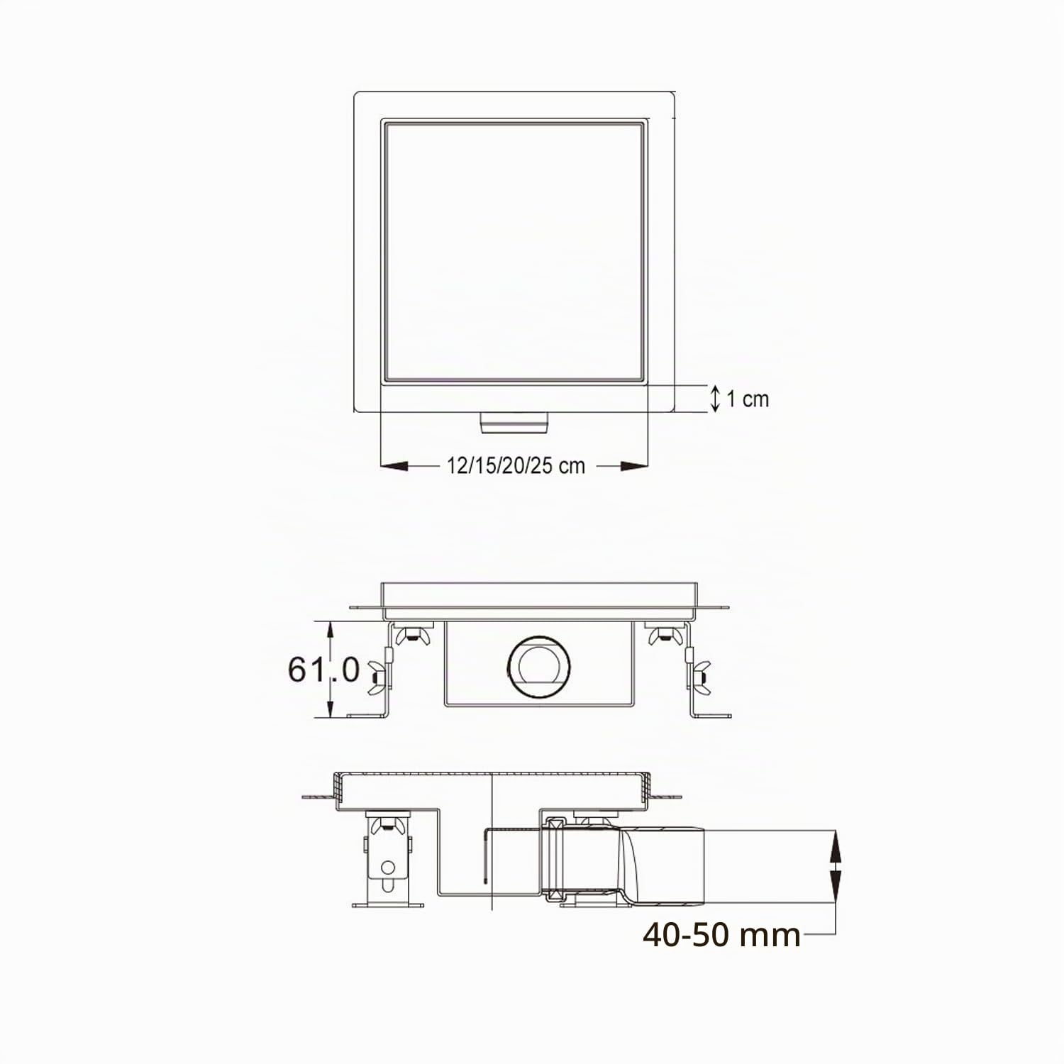 CIREA Caniveau de douche à carreler carré 20 x 20 cm, siphon anti-odeurs, drainage 36l/min, hauteur réglable