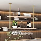Estante de techo de nivel - Soporte colgante para copas de vino, estante de almacenamiento para colgar en la cocina, soporte para copas de vino de madera maciza con barandillas, para cocina/bar (color
